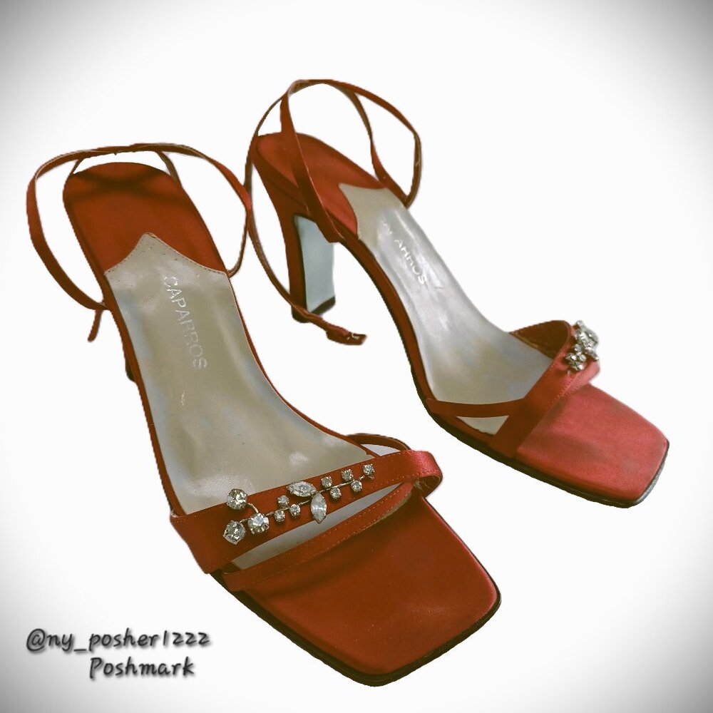 *𝓥𝓲𝓷𝓽𝓪𝓰𝓮 ＣＡＰＡＲＲＯＳ Satin Heeled Sandals with Rhinestones M🔴